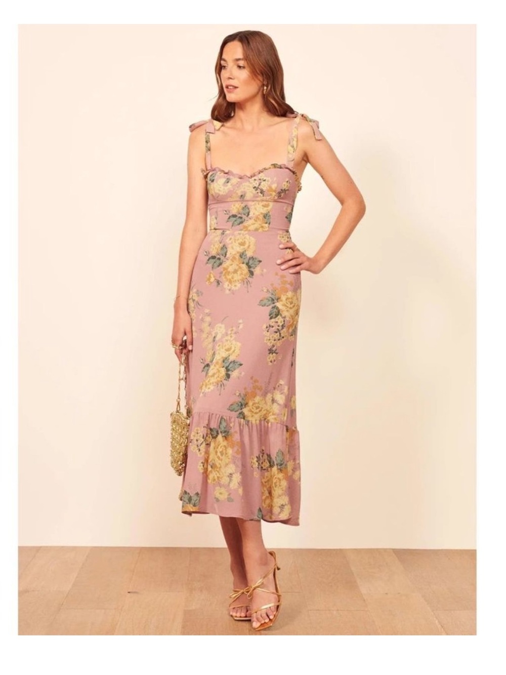 Reformation Nikita Midi Dress Gwyneth floral blush pink ruffle trim tie 0